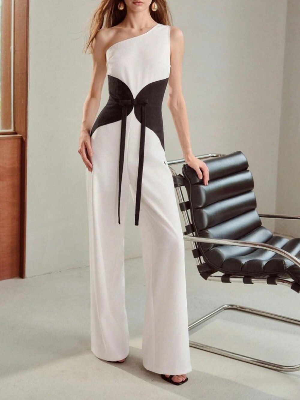 White One-Shoulder Jumpsuit with Black Contrast Waist Bow